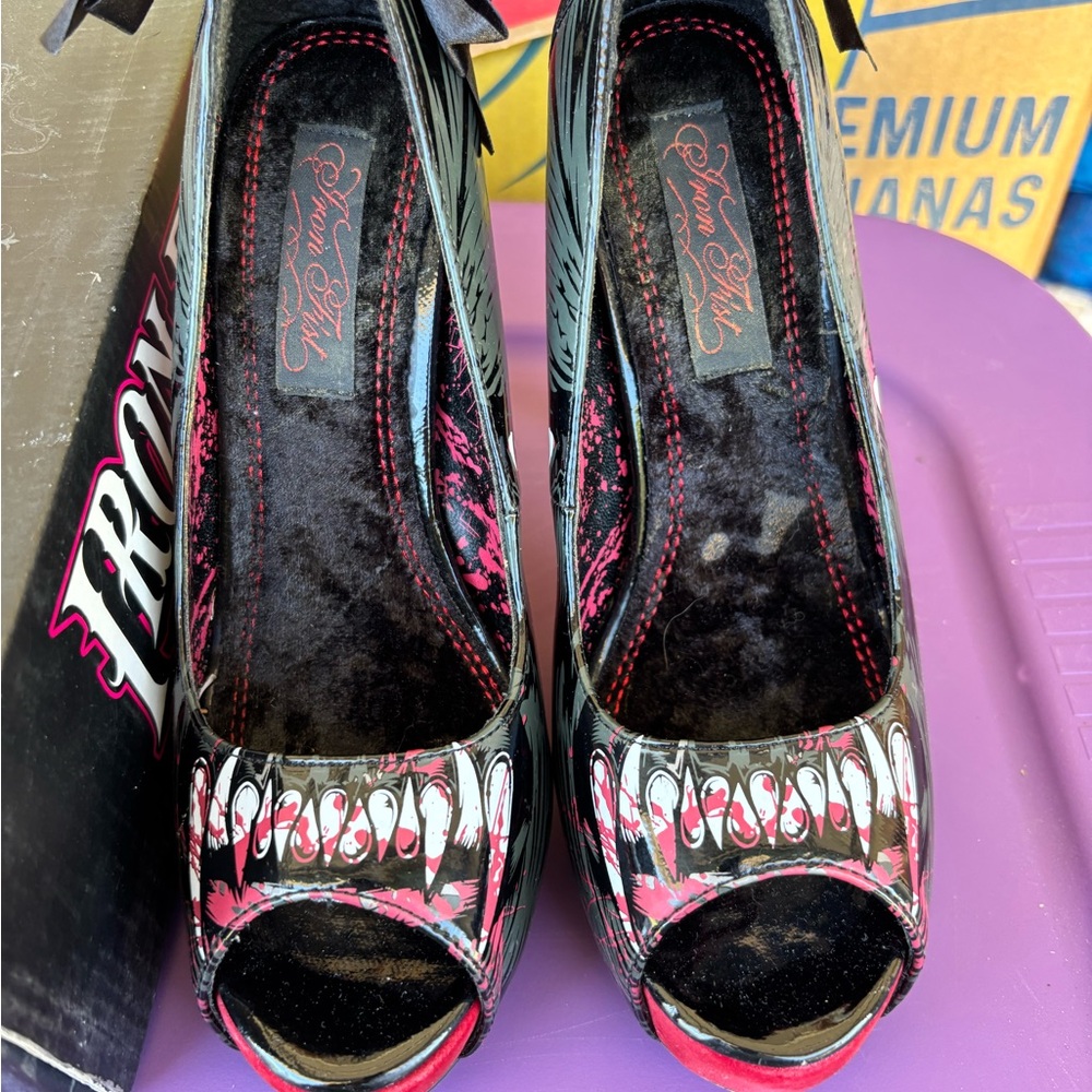 Iron Fist Women's Black and Pink Peep Toe Heels